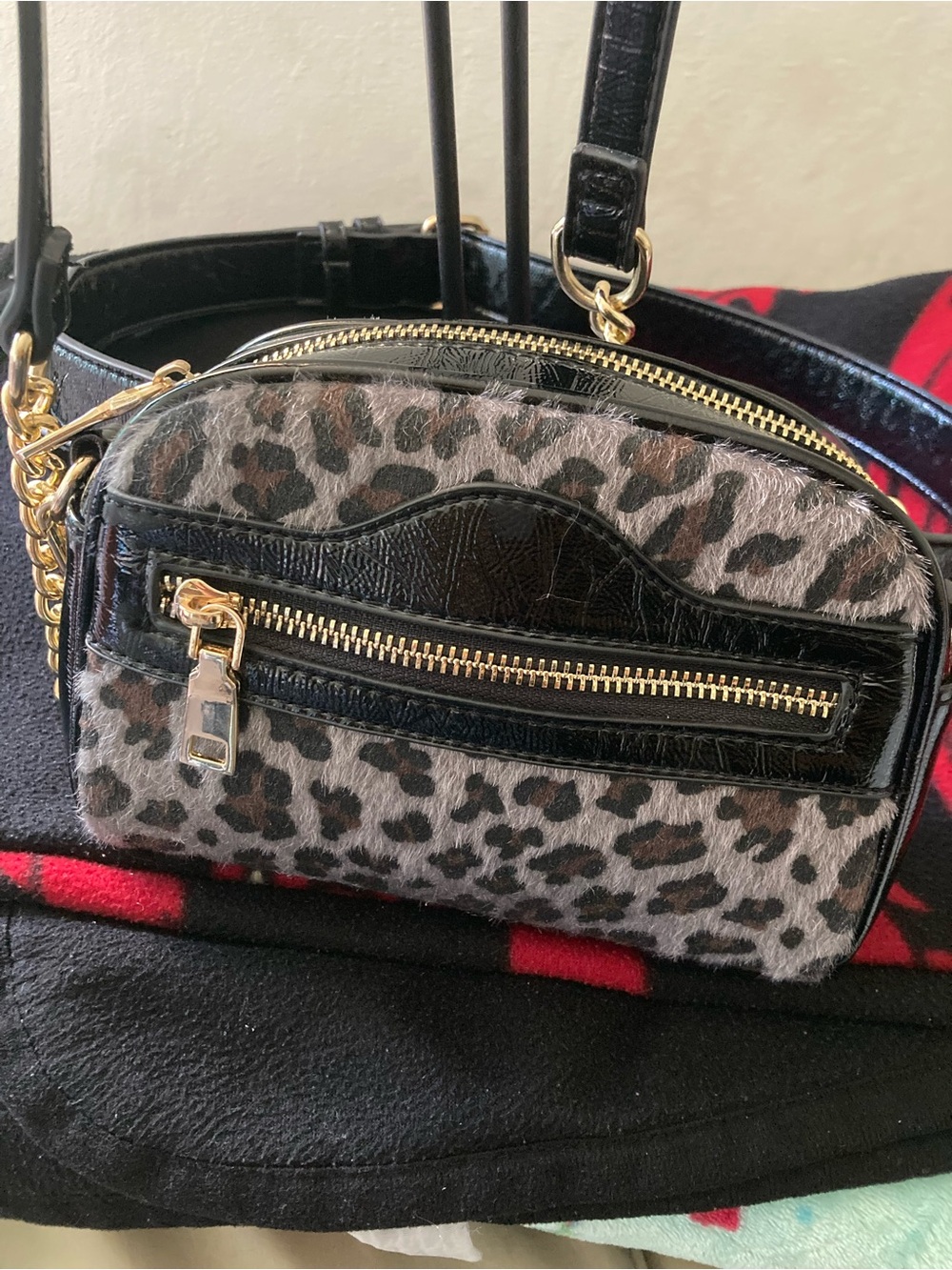 Unk Leopard Print Crossbody Bag with Black Trim and Gold Hardware